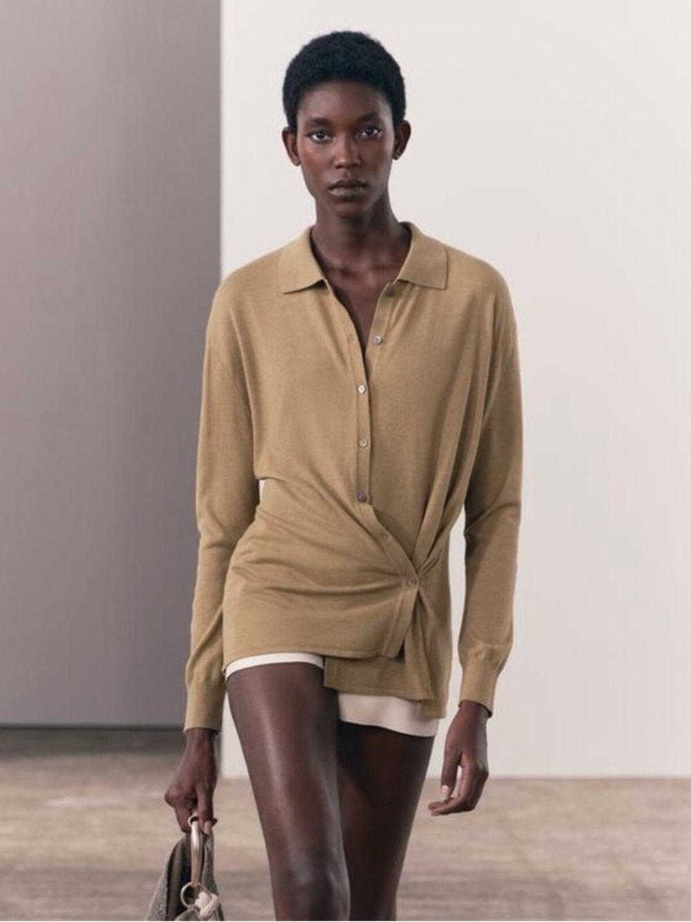 ZARA | Camel Brown Side Button-Down Knit Shirt Cardigan